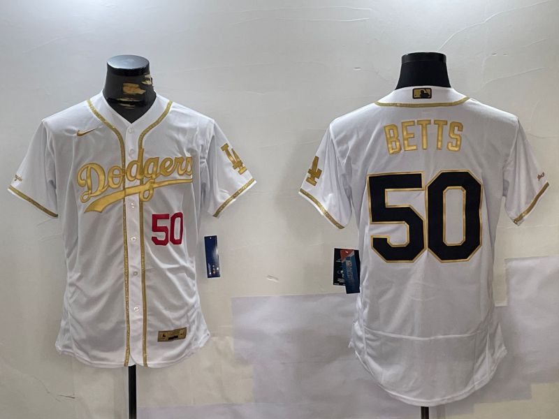 Men Los Angeles Dodgers 50 Betts White Gold Elite 2024 Nike MLB Jersey style 3